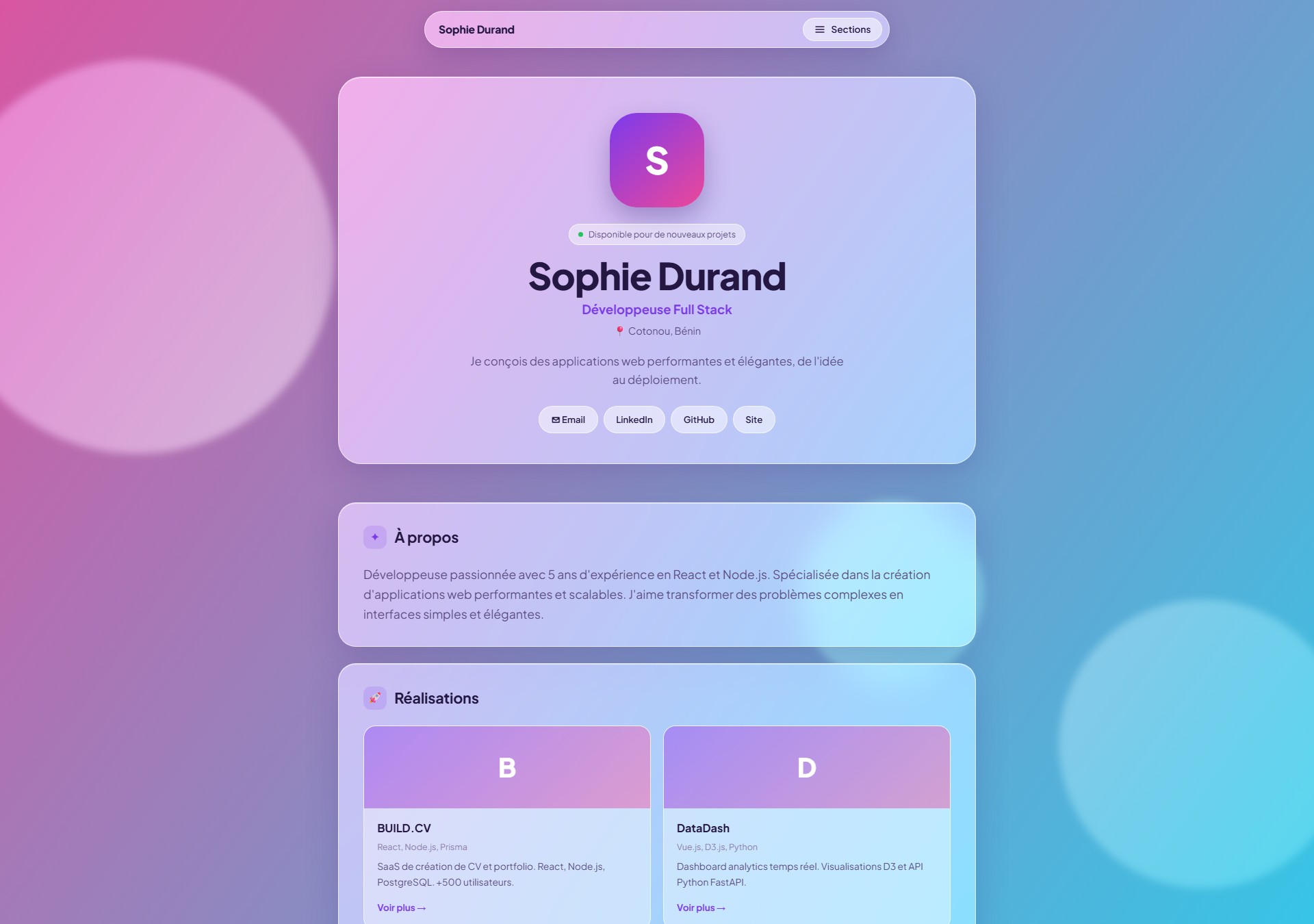 Modèle de portfolio Glassmorphism