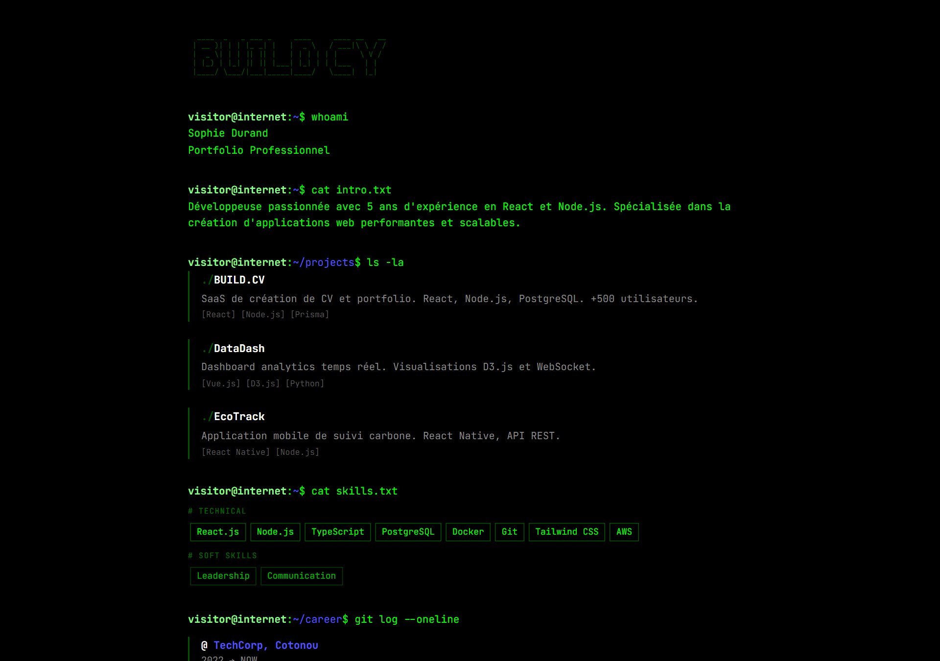 Modèle de portfolio Terminal Hacker